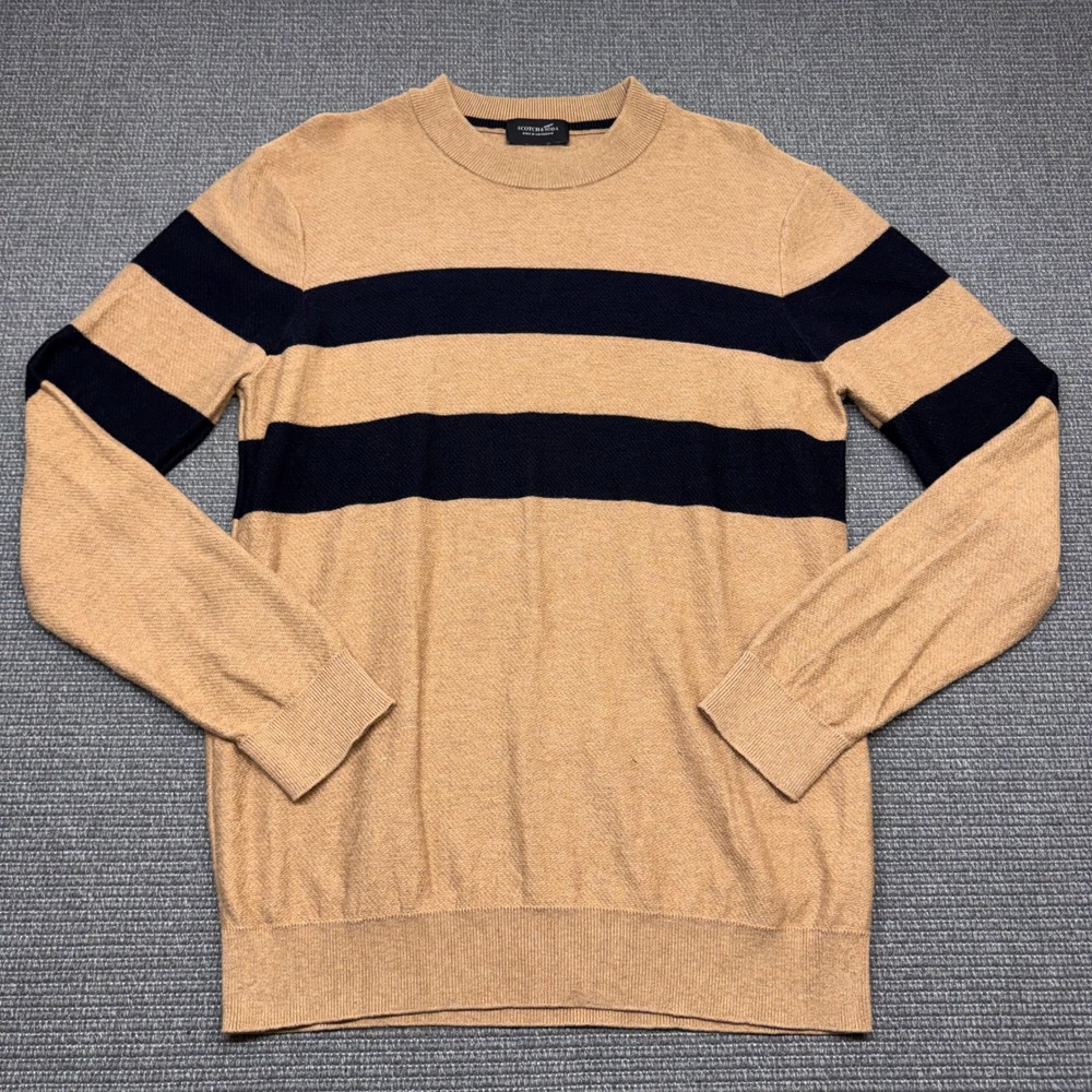 Scotch & Soda Mens XL Striped Crewneck Sweater Tan Navy Blue Knit Pullover
